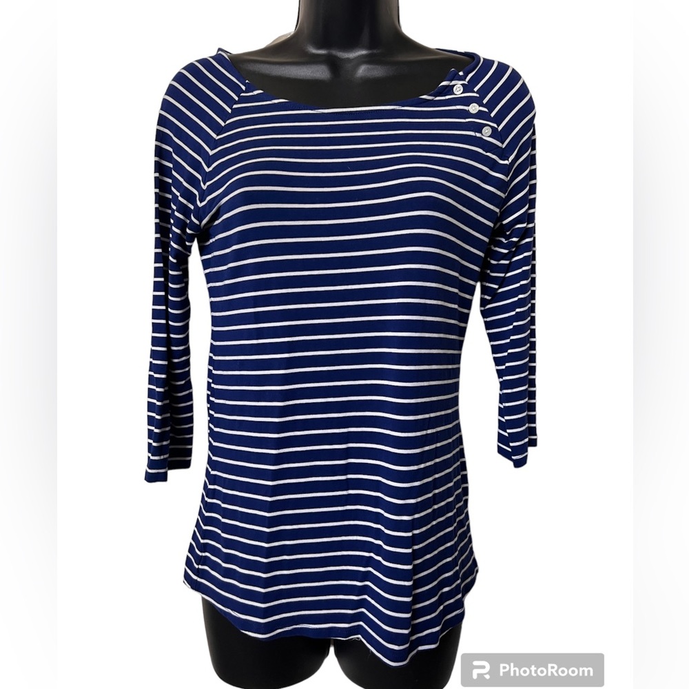 Banana Republic Factory blue / white stripe boat neck top 3/4 sleeve SMALL